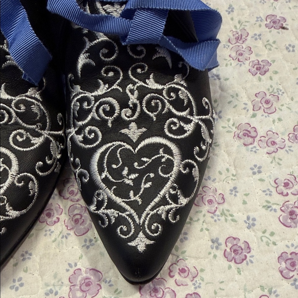 John Fluevog Black Pointed Heels with Silver Heart Embroidery and Blue Ribbon - Picture 2 of 6
